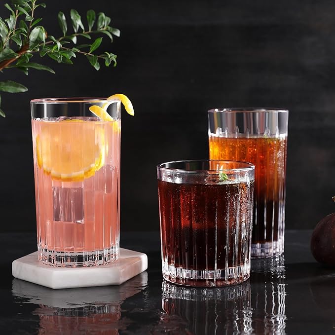 Premium VertiLine 13.5oz Highball Glasses, 6pc Tall Glass Sets. Lead-Free Crystal Drinking Glasses. Water Glasses, Mojito Glass Cups, and Mixed Drink Cocktail Glass Set. (Tall glasses)