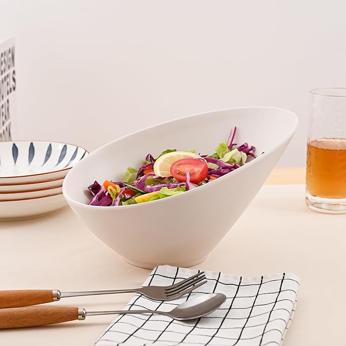 Salad Bowls, 4 Packs Serving Bowl, Compostable 33 Ounce Pasta Bowls, Elegant White Angled Bowl for Salad, Pasta, Soup, Prep, Ideal for Home and Restaurant
