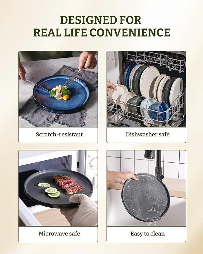 famiware Star Salad Plates for 6, 8 inches Plate Set, Stoneware Dinnerware, Small Dinner Plates for Dessert, Salad, Appetizer, Matte Dark Charcoal (Full Glaze)