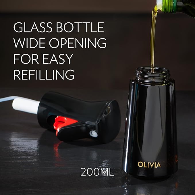 FLAIROSOL OLIVIA Oil Sprayer for Cooking, 200ml Glass Olive Oil Sprayer, Continuous Cooking Spray Dispenser with Portion Control for Kitchen, Air Fryer, Salad, BBQ (Black Bottle, Gold Print)