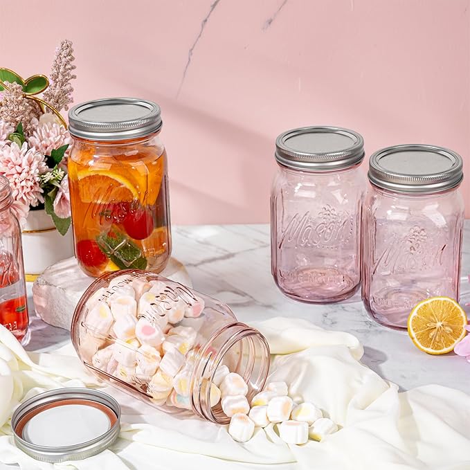 WELLIFE Pink Mason Jars 32 oz,6 Pack Wide Mouth Mason Jars for Safe Storage,Fermenting,Pickling,DIY,Crafts Decoration