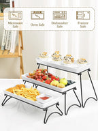 Yedio 3 Tier Serving Tray Set, 14" White Porcelain Platters with Collapsible Metal Stands, Tiered Serving Stand for Party Food Display, Cupcakes, Desserts, Fruit & Appetizers