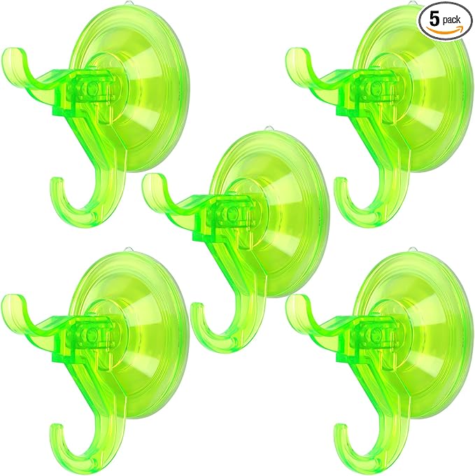 Clear Suction Cup Hanger, 5 Pack Removable Small Suction Cups for Shower, Bathroom, Glass, Door, Windows, Kitchen - Up to 11 lbs on Smooth Surface - 2 Hooks Design (Transparent Green)