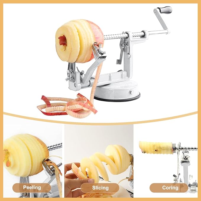 Apple Peeler Slicer Corer with Stainless Steel Blades and Powerful Suction Base for Apples Pears Potatoes(White)