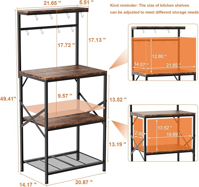 Kitchen Bakers Rack with Storage Shelves, Small Coffee Bar Cart with 8 Hooks, 4 Tiers Microwave Stand Station with Adjustable Shelves, Freestanding Kitchen Appliance Organizer, Rustic Brown
