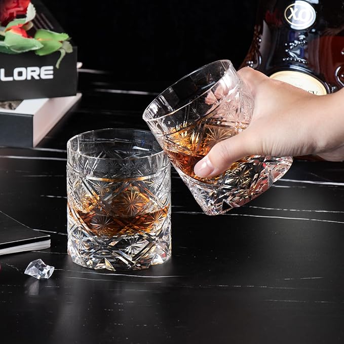 KAMMAK Old Fashioned Crystal Whiskey Glasses Set of 2, 8.45 oz (250 ml) Handmade Thick Base Tumbler with Delicate Rim & Seamless Design for Scotch, Bourbon, Cocktails, Lead-Free Barware