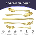 Floral 40 Pcs Gold Silverware Set for 8, Food Grade Stainless Steel Flatware Set with Rose Flower Embossed Design, Eating Utensils Sets Include Fork/Knife/Spoon, Reusable Cutlery Set, Dishwasher Safe