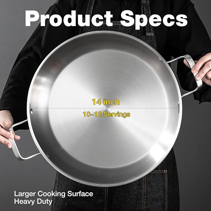 Tri-Ply Stainless Steel Paella Pan, 14.5 inch Large Skillet,12 Servings 18/10 Large Paella pan with Lid,Jumbo Cooker,Perfect for Outdoors, Camping, Parties