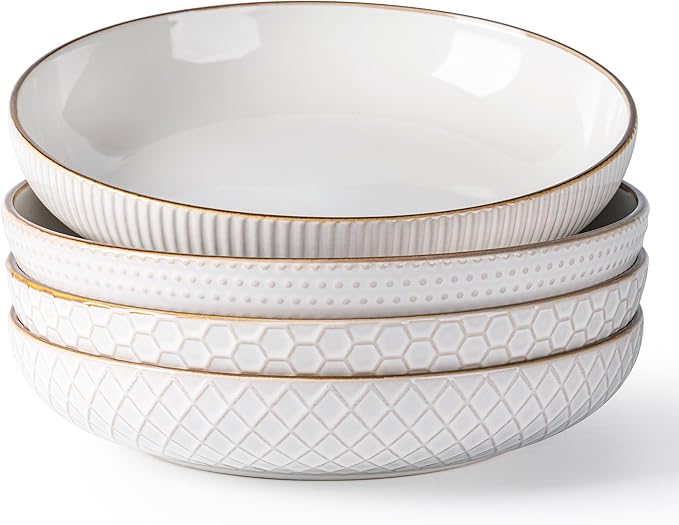 GBHOME 9.5'' Large Pasta Bowls, 42 Ounce Stoneware Salad Bowls for Kitchen, Ceramic Serving Bowls With Textured Pattern for Pasta,Fruit, Stews,Noodle, House-warming Gift,Set of 4-Off White