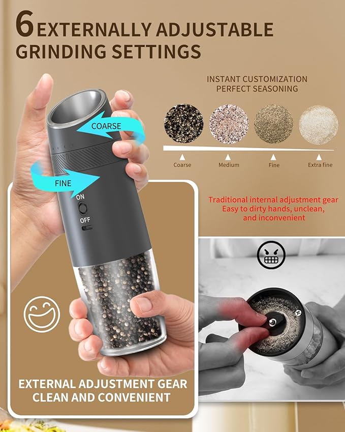 CIRCLE JOY Gravity Electric Salt and Pepper Grinder Set Rechargeable Automatic Pepper and Salt Shakers with LED Light, External Adjustable Coarseness, One-Hand Operation for Salt & Spices