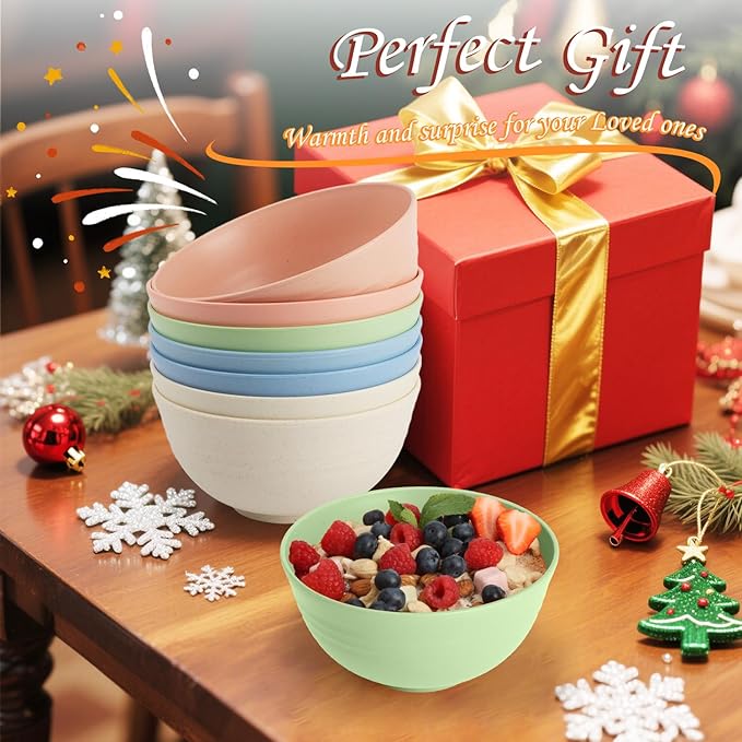 Homienly Wheat Straw Bowls, Unbreakable Cereal Bowls Microwave Safe, 8 PCS Lightweight Stackable Snack & Soup Bowls for Kitchen, Camping, Party, Dishwasher Safe Plastic Bowl Alternative (Light, 26oz)