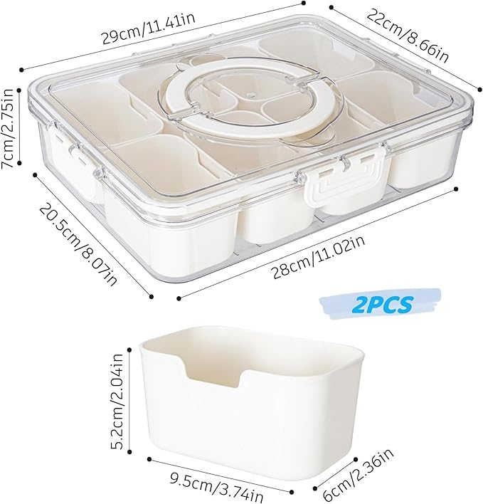 Divided Snack Serving Tray with Lid and Handle Travel Snackle Charcuterie Container Portable Storage Organizer for Candy, Fruits, Nuts, Snacks, Party, Picnic 2 Packs White