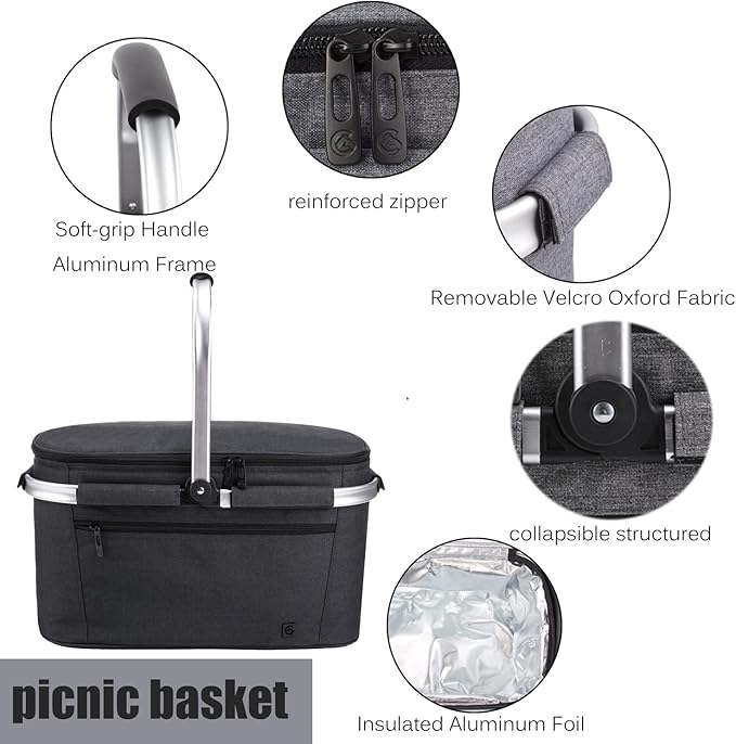 ALLCAMP Large Picnic Basket 32L Shopping Basket Grocery Bags Folding Insulated Strong Aluminum Frame Market Basket(Large Jet Black)