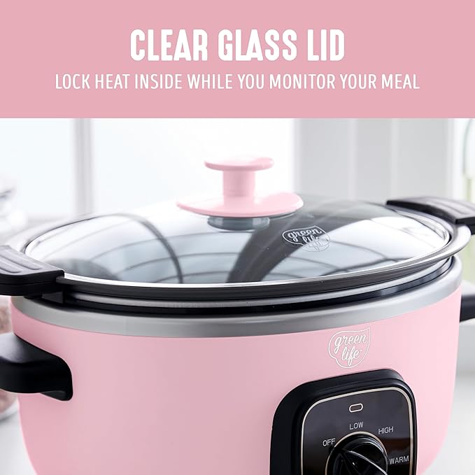 GreenLife 3.5QT Slow Cooker, Non-Toxic PFAS-Free Ceramic Nonstick Removable Interior Bowl, Programmable, Keep Warm, Stovetop & Oven Safe, Dishwasher Safe Parts, Glass Lid, Pink