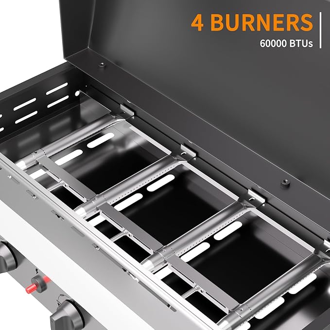 4 Burner BBQ Gas Griddle with Hood, 30 Inch Stainless Steel Portable Detachable Propane Griddle, 60,000 BTU Flat Top Barbecue Grill with Lid for Camping