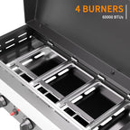 4 Burner Propane Griddle with Lid, 30 Inch Stainless Steel Portable Detachable Gas Griddle, 60,000 BTU Flat Top Grill with Side Shelves for Camping