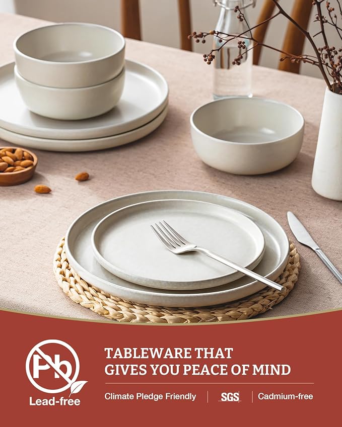 Famiware Milkyway Plates and Bowls Sets, 18 Pieces Dinnerware Sets, Reactive Glaze Dish Set, Stoneware Dishes Set for 6, Matte Beige White