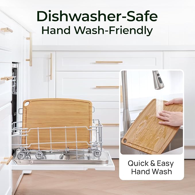 Dishwasher Safe Carbonized Bamboo Wood Cutting Boards for Kitchen with Juice Groove, Wooden Charcuterie & Chopping for Fruit, Vegetables & Cheese, Durable, Lightweight, Water-Resistant