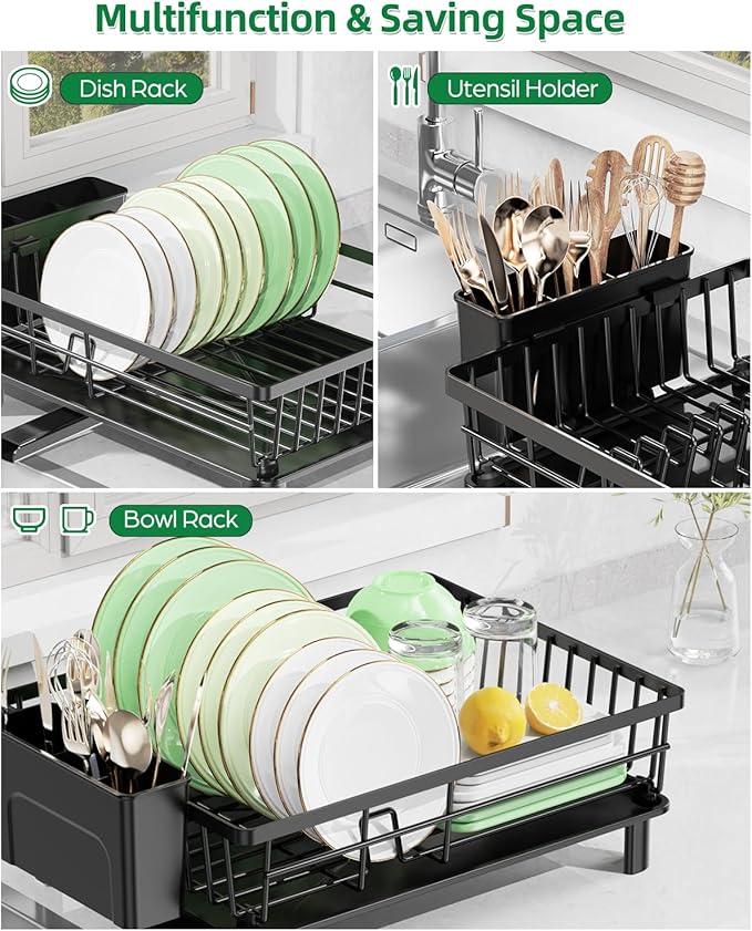 Dish Drying Rack for Kitchen Counter, Stainless Steel Drainer Anti Rust, Smart Drainage System Drainboard with Detachable Cutlery Holder, Handwash Dish Helper for Home, Apartment Space Saving