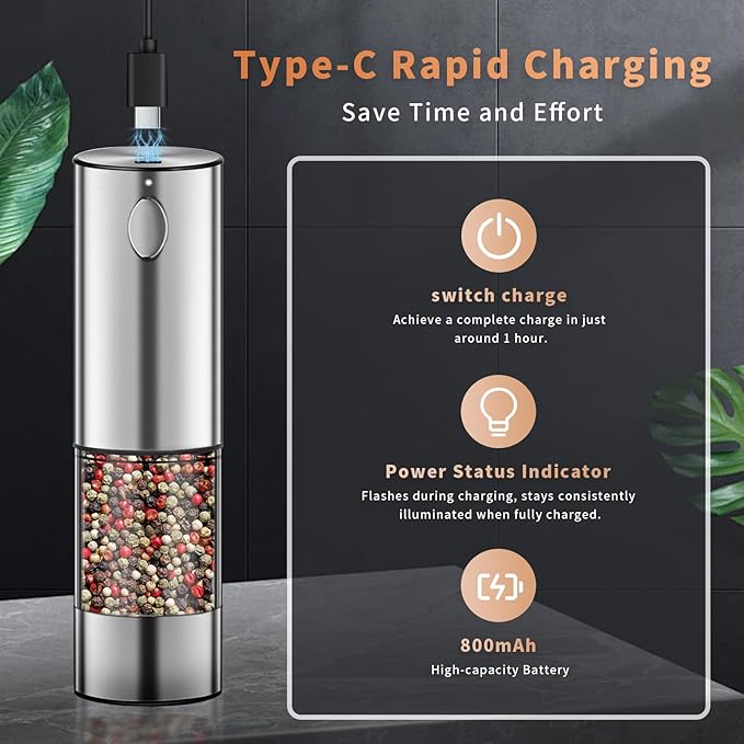 Electric Salt and Pepper Grinder Set, Rechargeable Pepper Grinder LED lights, Stainless Steel Automatic Salt and Pepper Mill Set, Refillable with 5 Adjustable Coarseness Silver