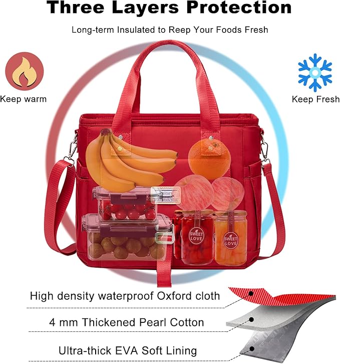 Weitars Insulated Lunch Bag for Women,Leak Proof Lunch Box for Work,Extra Large Lunch Tote Bag With Removable Shoulder Strap with Side Pockets,Reusable Lunch Cooler Bag For Picnic Hiking