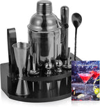 Bartender Kit with Stand, 12-Piece Bar Set | 24oz Cocktail Shaker Set for Drink Mixing, Martini Shaker Set with Bar Tools, Recipes Booklet | Fun Housewarming Gift (Black)