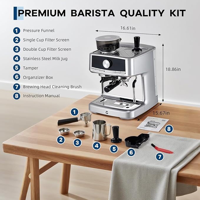 20 Bar Pressure Stainless Steel Espresso Machine with Grinder, 1.5l Removable Water Tank, Milk Frother Steam Wand for Latte and Cappuccino, Adjustable Shot Volume,Silver