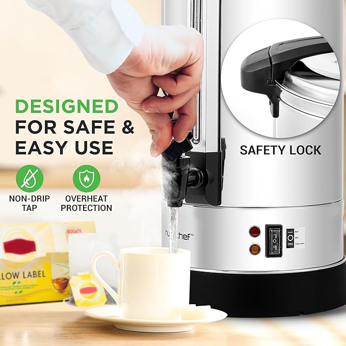 NutriChef Water Boiler and Hot Water Dispenser, 8L Electric Beverage Dispenser with Safety Lock Lid, Non-Drip Tap, Warm Function, Food Grade Stainless Steel, Home & Commercial Use, 19"x9"x9", Silver