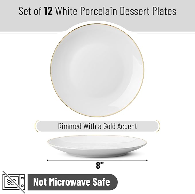 BTaT- White Dessert Plates with Gold Rim, Set of 12, 8", Porcelain, Small Plates for Appetizers, Small Appetizer Plates Ceramic, Dessert Plates Porcelain Dessert Plates Ceramic Dessert Plates