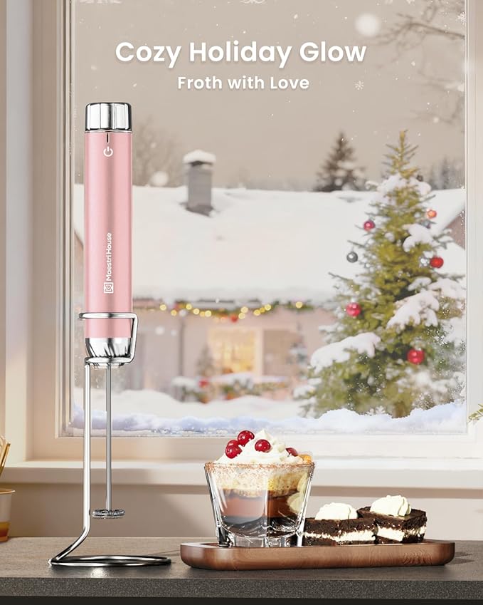 Maestri House LunaFro Max Rechargeable Milk Frother with Stepless Speed Control, Handheld Electric Foam Maker with Stand and Detachable Whisks for Lattes, Ideal Christmas Gift, Dusty Rose