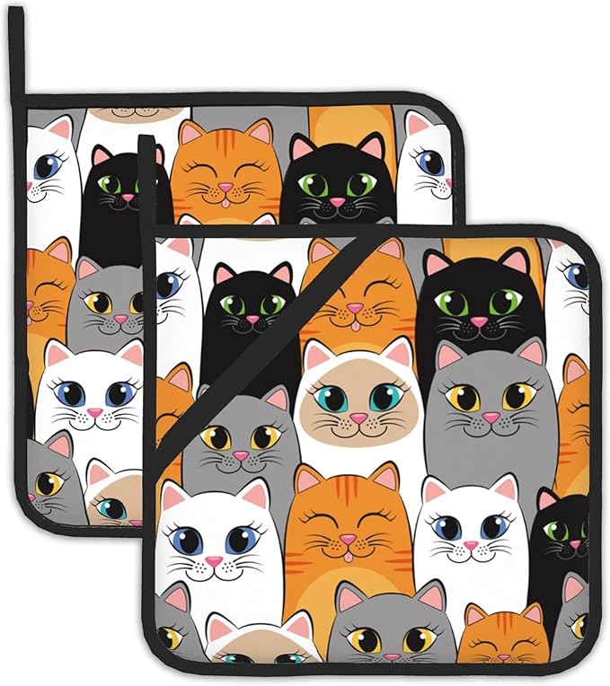 Cat Pot Holder Set of 2,Cute Cartoon Cats Kitchen Heat Resistant Potholder for Women Men BBQ Cooking Baking
