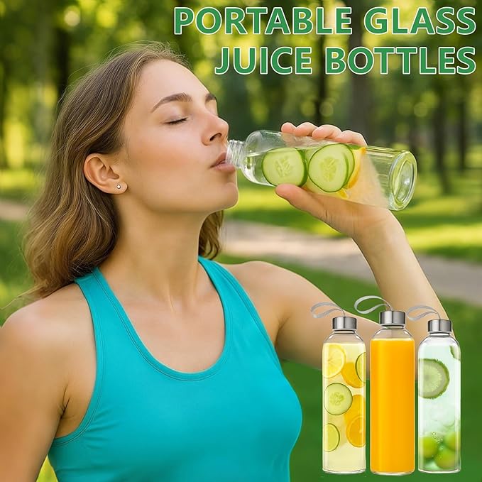 12 Pack 18oz Glass Juice Bottles with Lids Carry Strap, Reusable Glass Water Bottle BPA Free Leakproof Wide Mouth Smoothie Tea Coffee Cold Brew Storage Refrigerator Safe