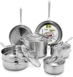GreenPan 11 Piece Stainless Steel Cookware Set, Induction Ready, Tri-Ply Multiclad Pots & Pans with Lids, Compatible on All Cooktops, Measurement Markings, Dishwasher & Oven Safe,Swift, Silver Handles