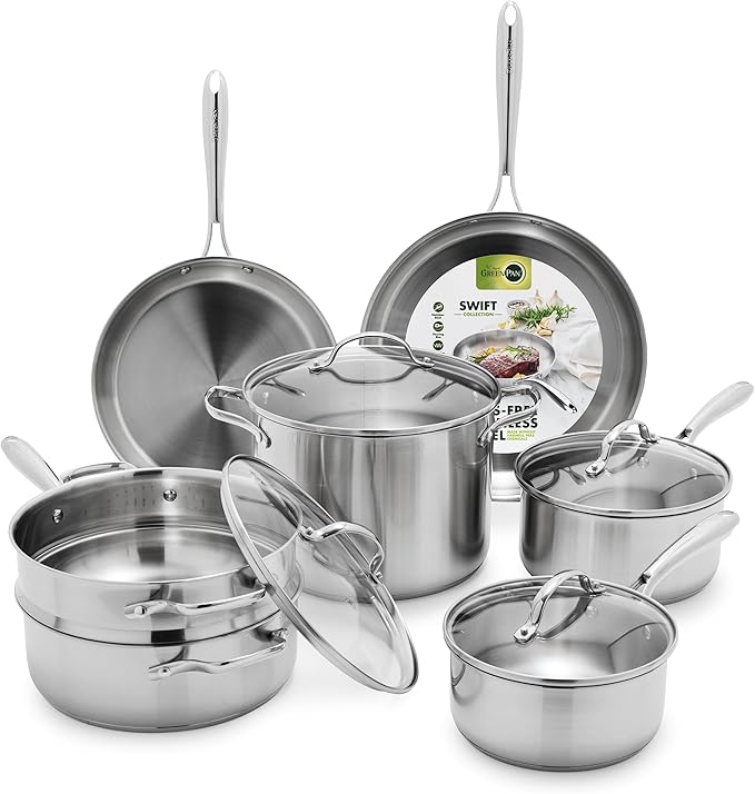 GreenPan 11 Piece Stainless Steel Cookware Set, Induction Ready, Tri-Ply Multiclad Pots & Pans with Lids, Compatible on All Cooktops, Measurement Markings, Dishwasher & Oven Safe,Swift, Silver Handles