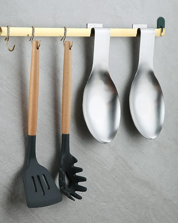 Matte Silver Stainless Steel Spoon Rest, 2-in-1 Stove Top Holder for Ladles, Tongs, Spatula, Pot Lid - Dishwasher Safe (2PC-9.5 Inch)