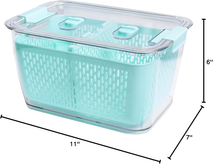 Kitchen Spaces Colander Bin, Produce Saver, Fridge Organizer With Lid, Wash, Strain and Store, Great for Refrigerator, Freezer and Pantry, Large, Mint Green, Pack of 1
