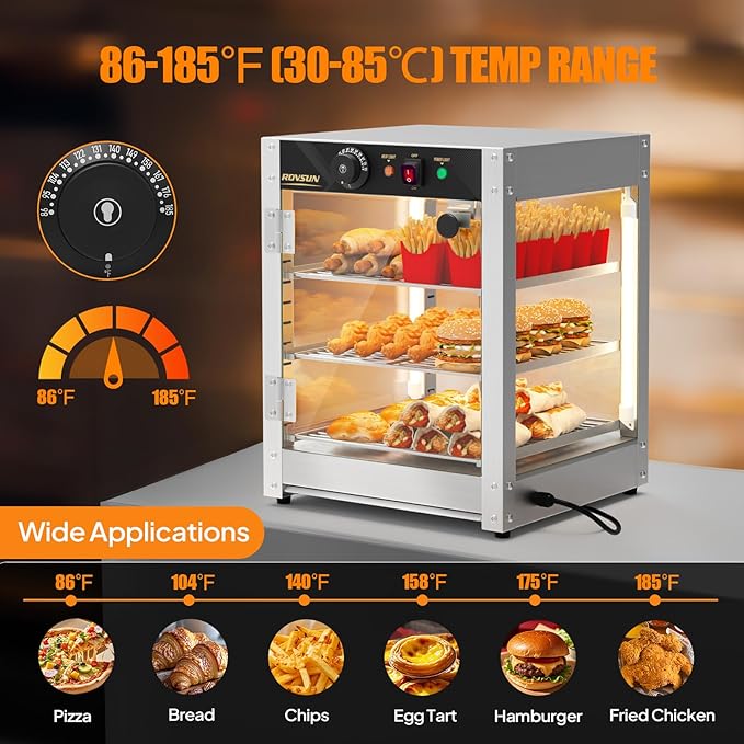 ROVSUN 3-Tier Commercial Food Warmer, 15" Pizza Warmer Food Warmer Display with LED Adjustable Lighting Glass Door Removable Shelves, Countertop Electric Food Warmer for Buffet Restaurant 110V 800W