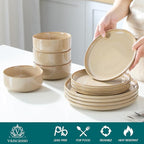 vancasso PLAYA Plates and Bowls Sets,12 Pieces Brown Dinnerware Sets for Kitchen, Reactive Glaze Dishes Set for 4, Dishwasher and Microwave Safe
