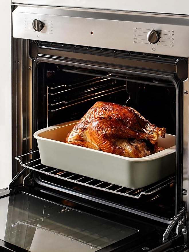 LE TAUCI Deep Casserole Dishes for Oven, 13.7”x9.6” Ceramic Baking Dish Set with Roasting Racks, Large Lasagna Pans with Handles, Rectangular Bakeware as Gift for Mom, Oatmeal Greige (4.6QT/3.0QT/1.6QT), Set of 3
