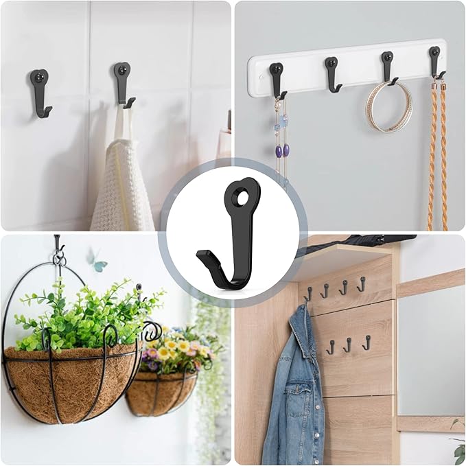 15 Utility Hooks Wall Mounted with 30 Screws - Black Heavy Duty Hooks for Coat, Robe, Bag, Key | Garage Entryway Hanging Organizer, Closet & Bathroom Hardware