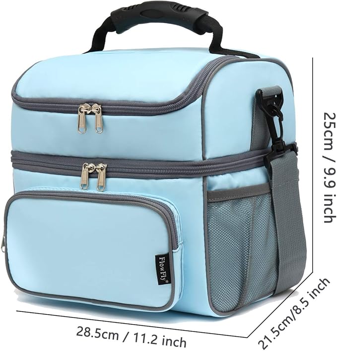 FlowFly Double Layer Cooler Insulated Lunch Bag Adult Lunch Box Large Tote Bag for Men, Women, With Adjustable Strap,Front Pocket and Dual Large Mesh Side Pockets