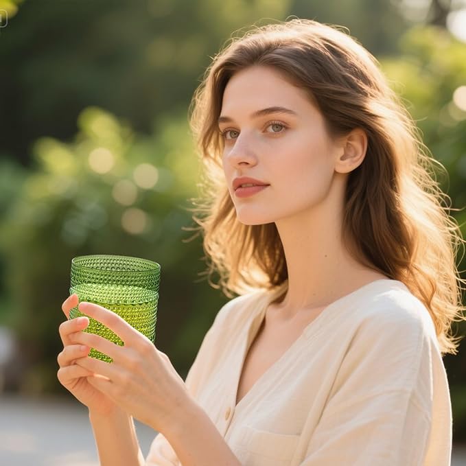 18PCS Hobnail Plastic Drinking Glasses - 14Oz Beaded Glasses Drinkware Set Disposable - Green Vintage Plastic Bubble Glassware for Beer, Juice, Cocktail, Whiskey, Milk and Various Mixed Drinks