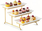 Gomakren 3 Tier Serving Stand with Porcelain Serving Platter Tray - Collapsible Gold Stand with 3 Piece Large14 Inch White Plates for Food Presentation Dessert Server Display and Entertaining