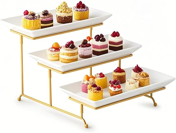 Gomakren 3 Tier Serving Stand with Porcelain Serving Platter Tray - Collapsible Gold Stand with 3 Piece Large14 Inch White Plates for Food Presentation Dessert Server Display and Entertaining