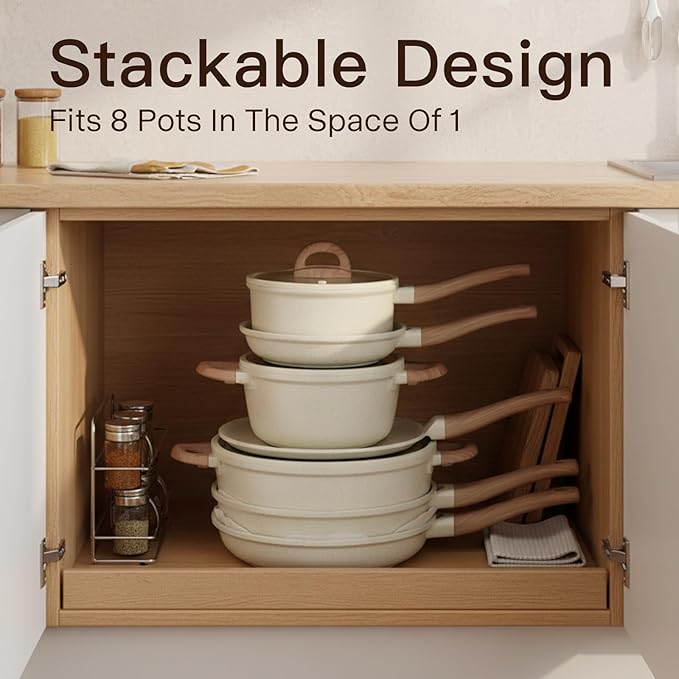 Pots and Pans Set Non Stick Non-Toxic 22 Pcs Ceramic Cookware Sets Nonstick Kitchen Pot&Pan With Lid Cream White Granite Induction Compatible with Glass Lids Crepe Frying Pan PFOA/PFOS-Free