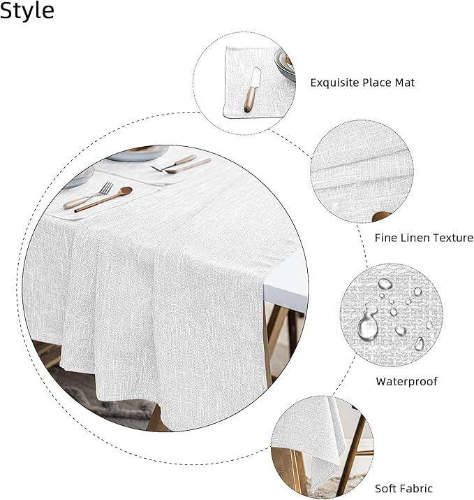 Waterproof Cotton Linen Thick Tablecloths Rectangle Dining Table Cloth, Wipe Clean & Water Resistant Table Cover for Kitchen Party and Banquets, Washable（54"x144" Length） White