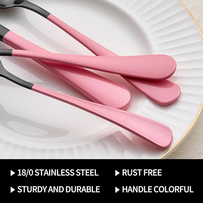 20-Pieces Blac and Pink Silverware Sets for 4,Pink Handle Stainless Steel Cutlery Set, Include Forks Spoons and Knives Set, Dishwasher Safe Utensil Sets for Home Restaurant