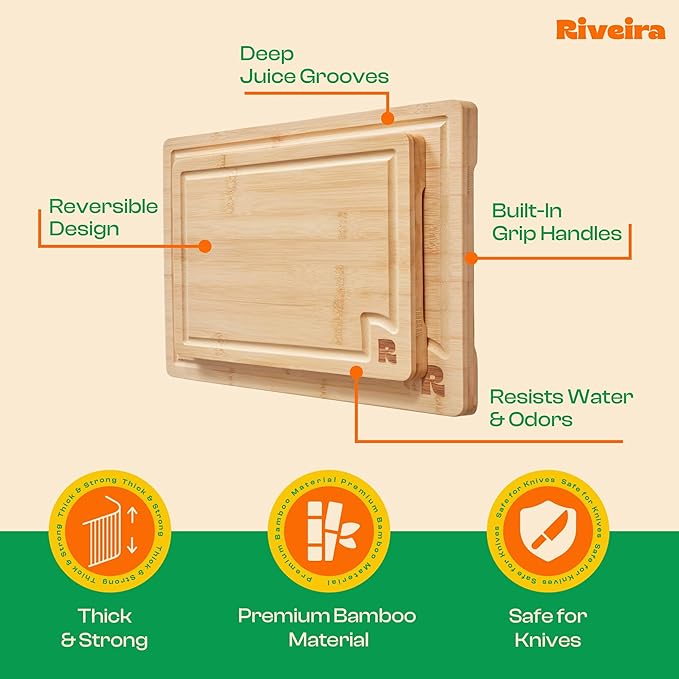 Riveira White Bamboo Wood Cutting Board – Versatile And Durable: Set Of 2 Pcs Rectangular Wooden Cutting Board – Natural Wooden Cutting Boards For Kitchen – Complete White Bamboo Wooden Chopping Board
