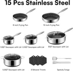 15-Piece 5 Ply Stainless Steel Cookware Set with Lids, Pots and Pans Set Non Stick, Non-Toxic, for Induction, Oven, Dishwasher Safe, RV Essentials, Kitchen Appliances