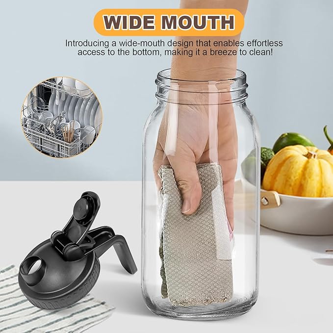 64 OZ Mason Jars with Lid, Glass Pitcher Double Leak Proof with Pour Spout Handle, 2 Quart Wide Mouth Breast Milk Pitcher for Fridge, Creamer Container for Coffee, Sun Tea(Black,1 Pack)